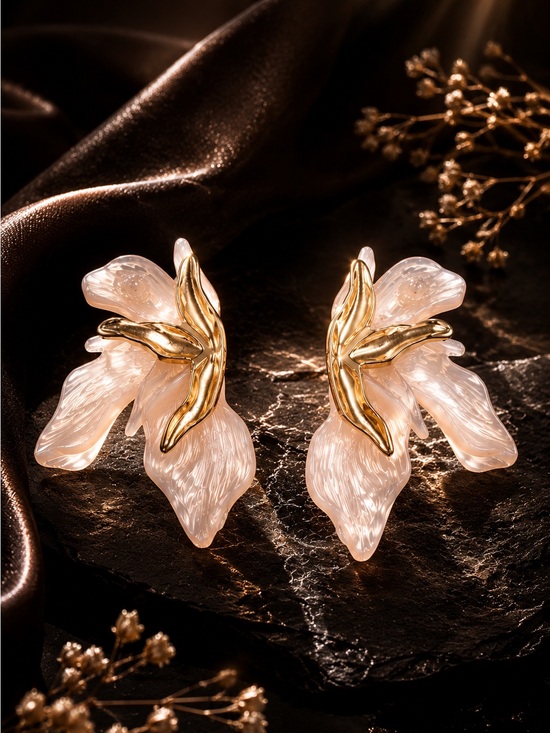 Anthropologie Jewelry - Gold tone and Pearl Pink Floral Petal Drop Earrings